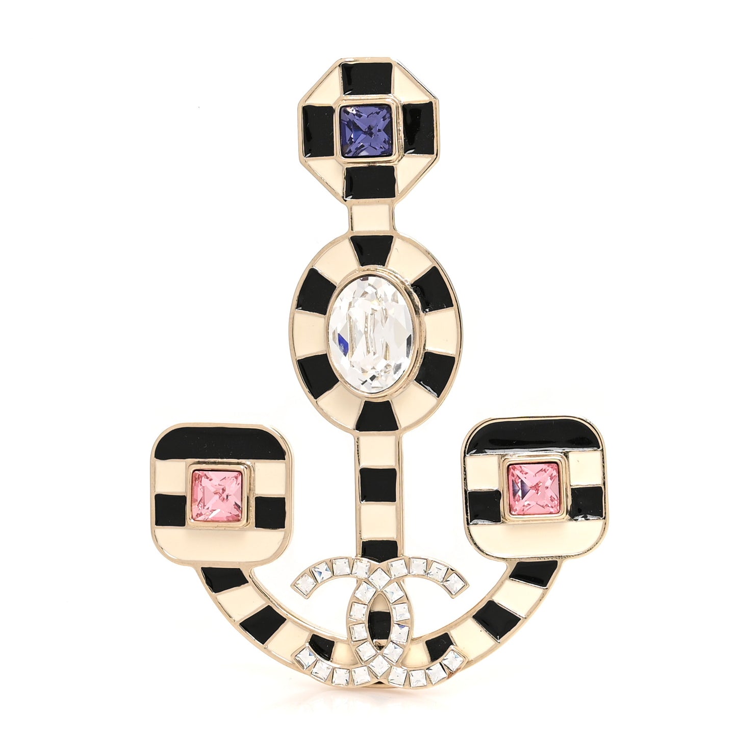 Crystal Enamel Anchor Brooch Beige Black