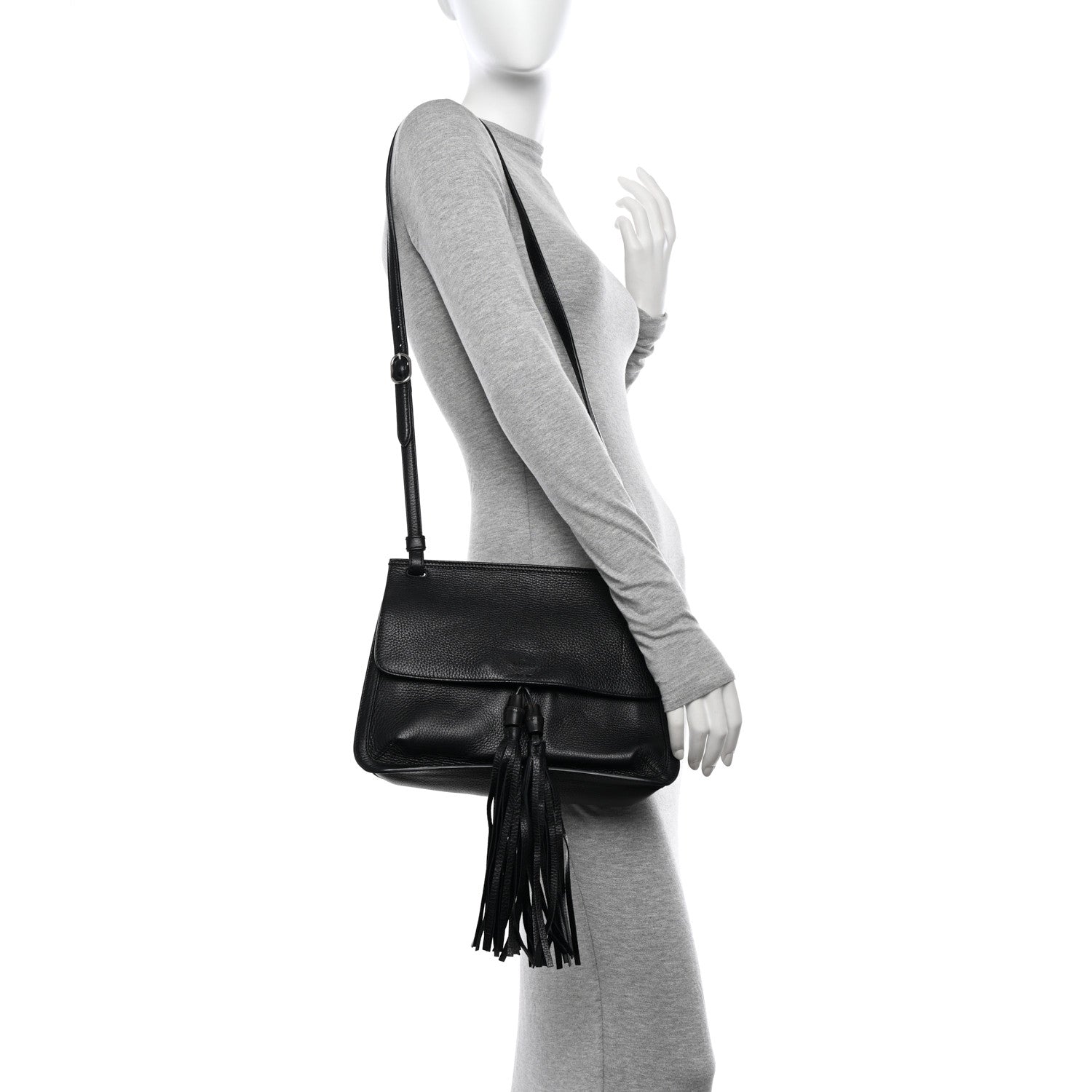 Gucci Pebbled Calfskin Medium Bamboo Daily Flap Shoulder Bag Black 2 of 15