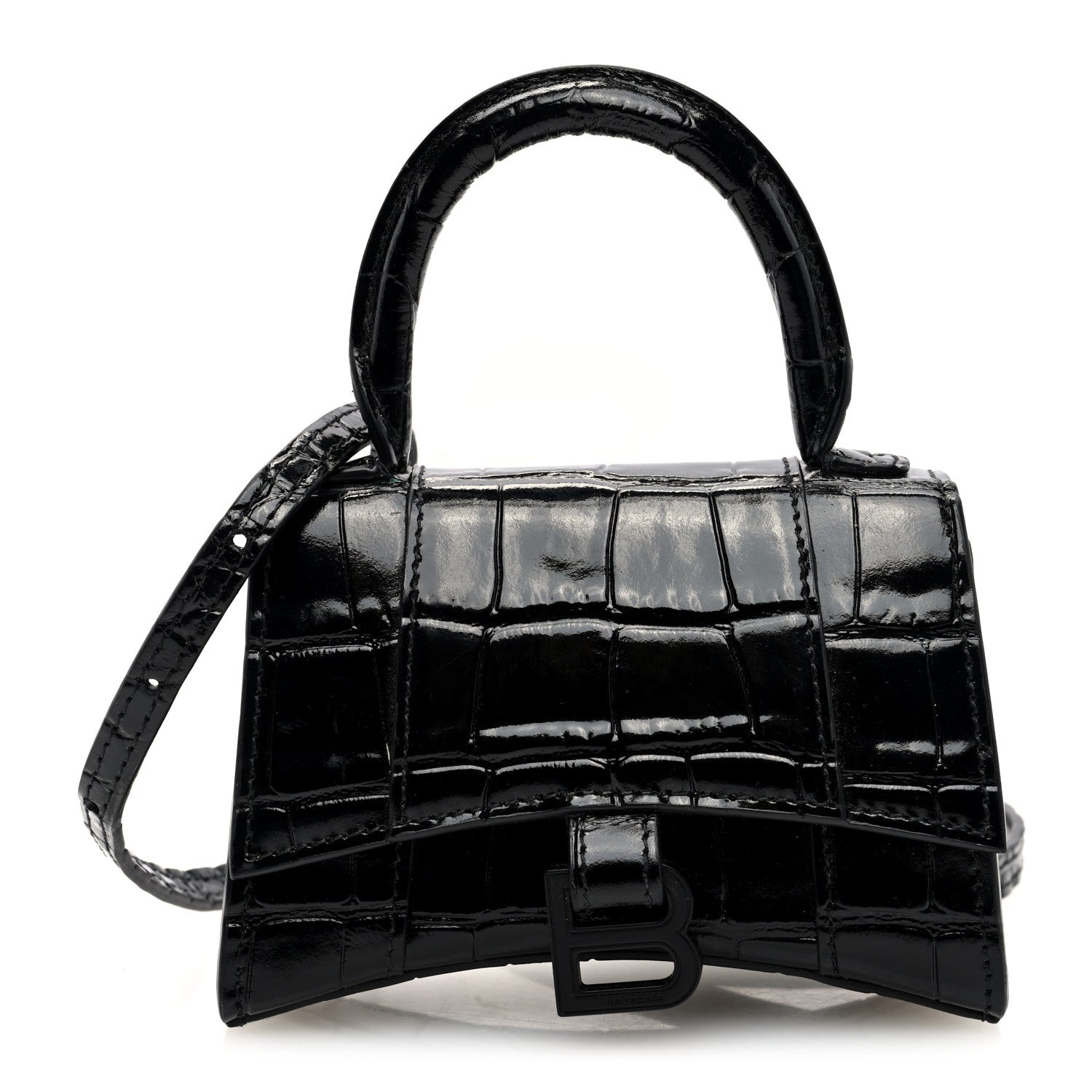 Balenciaga Shiny Calfskin Monochrome Crocodile Embossed Hourglass Top Handle Bag Mini Black 1 of 9