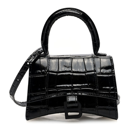 Balenciaga Shiny Calfskin Monochrome Crocodile Embossed Hourglass Top Handle Bag Mini Black 1 of 9
