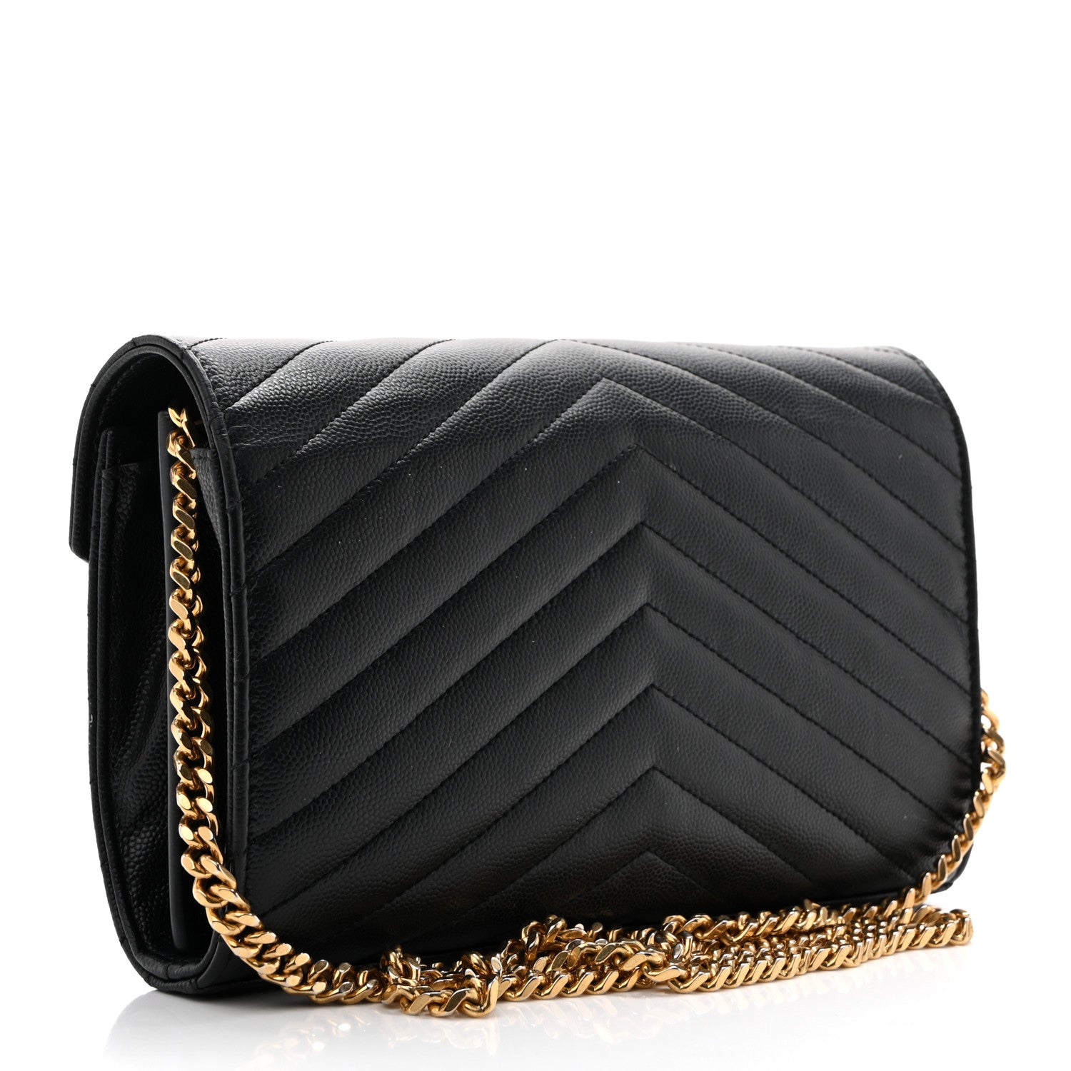 Saint Laurent Grain De Poudre Matelasse Chevron Monogram Chain Wallet Black 3 of 15