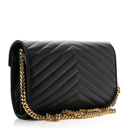 Saint Laurent Grain De Poudre Matelasse Chevron Monogram Chain Wallet Black 3 of 15