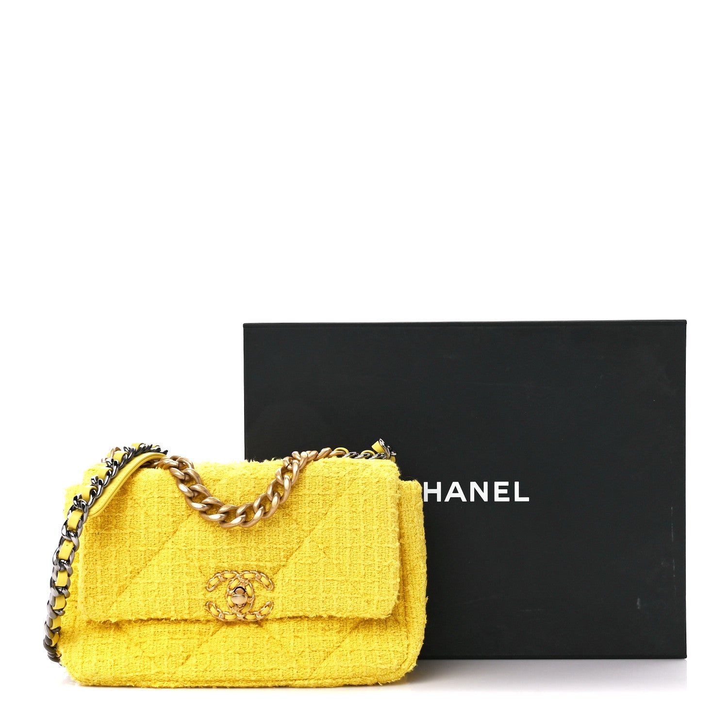 Chanel Tweed Quilted Medium Chanel 19 Flap Yellow 11 of 11