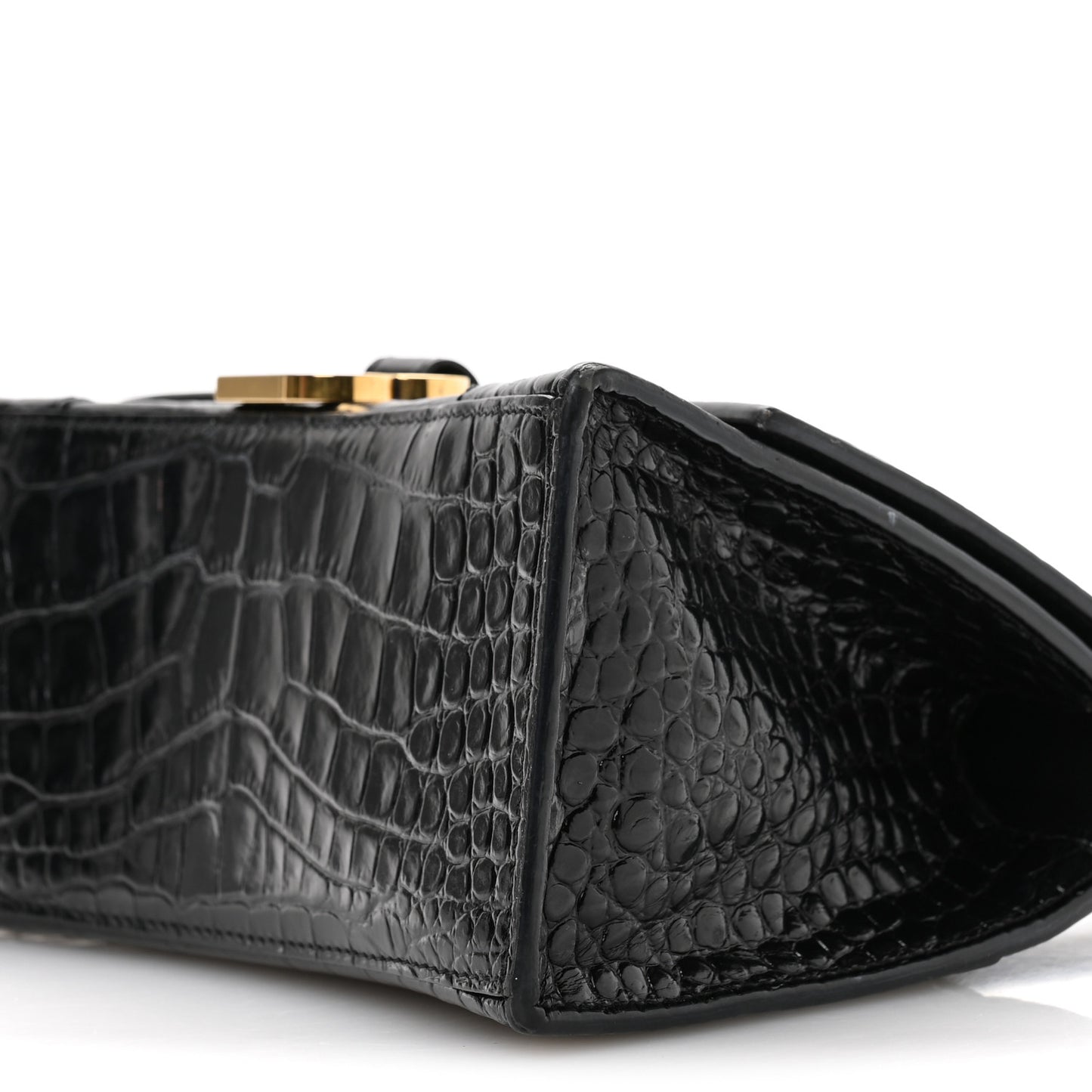 Shiny Calfskin Crocodile Embossed Small Hourglass Top Handle Bag Black