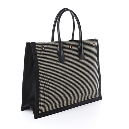 Saint Laurent Embroidered Cotton Linen Rive Gauche Noe Tote Black Beige 2 of 8