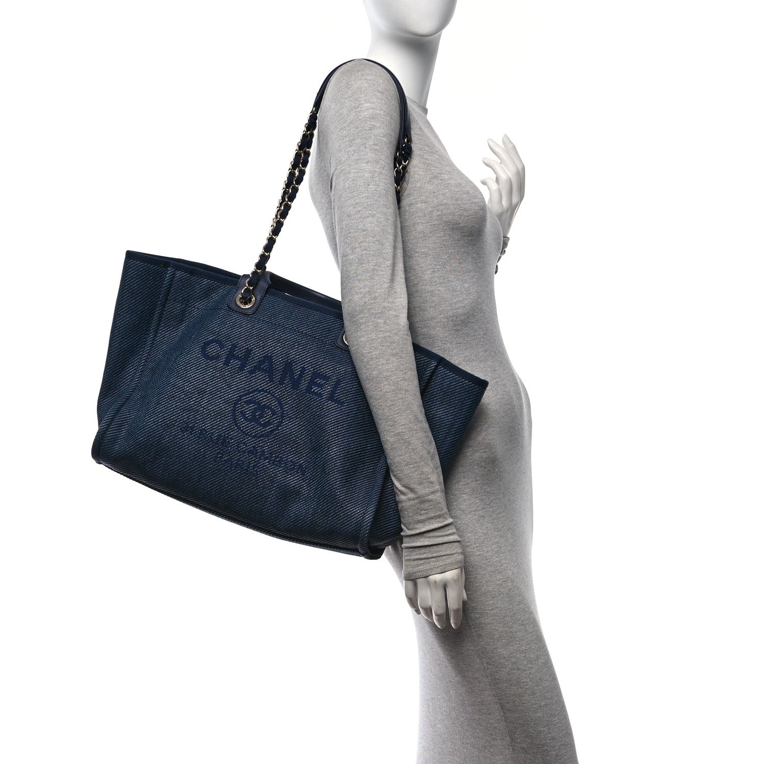 Chanel Mixed Fibers Calfskin Medium Deauville Tote Navy Blue 3 of 10