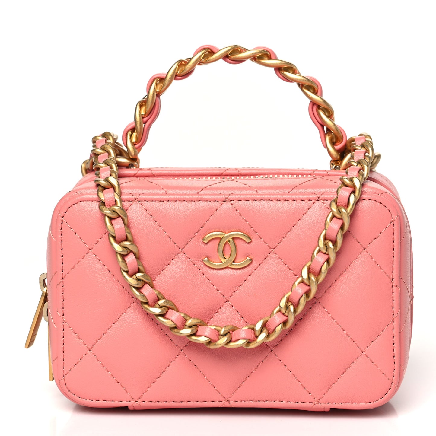 Lambskin Quilted Top Handle Mini Vanity Case Pink