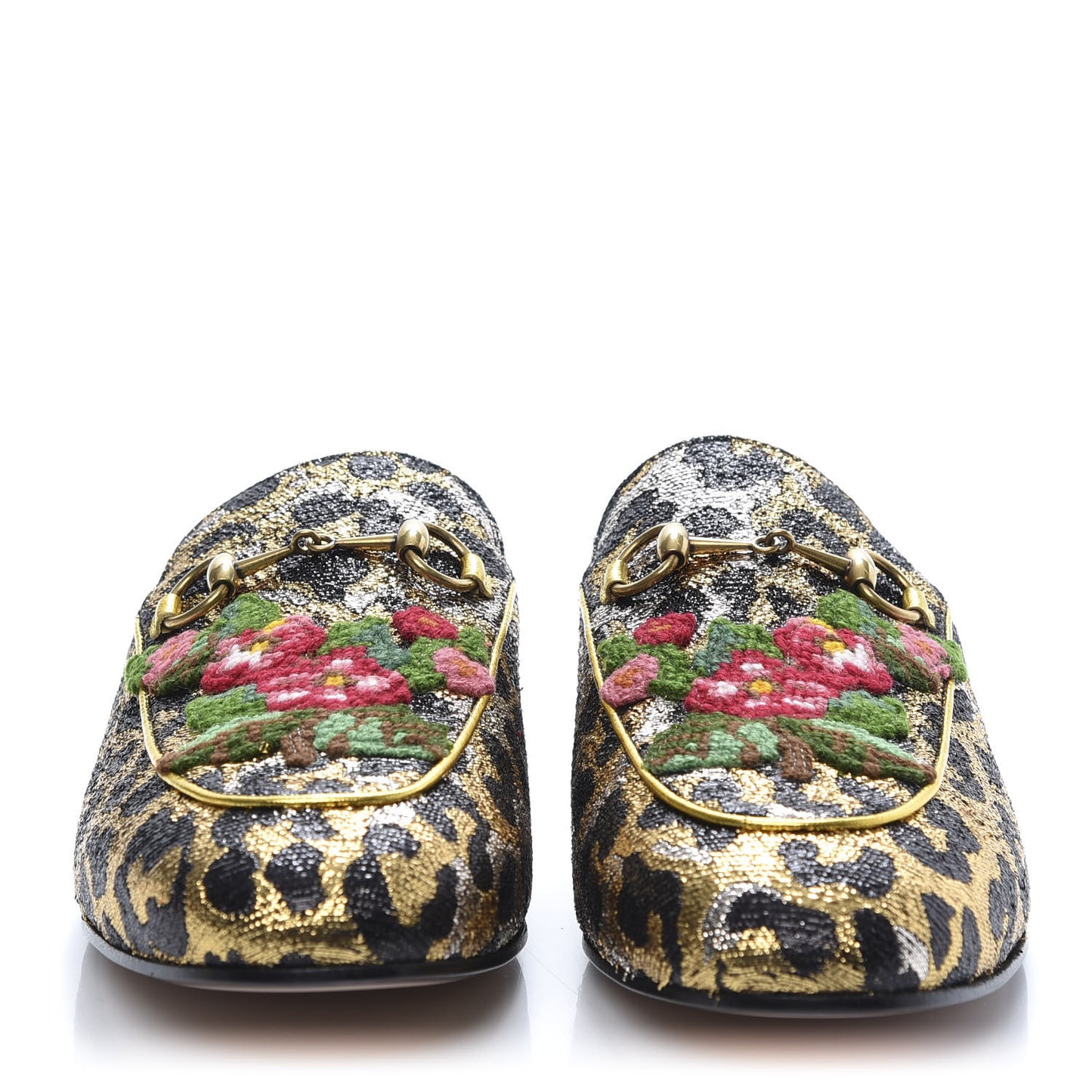 Lurex Jacquard Leopard Embroidered Womens Princetown Slippers 39.5 Black Gold