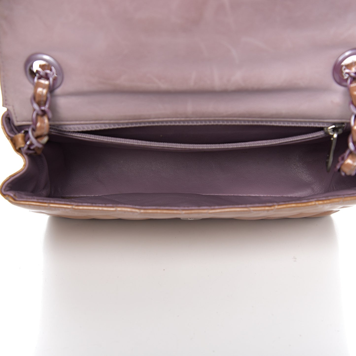 Patent Calfskin Quilted Mini Rectangular Flap Dark Beige