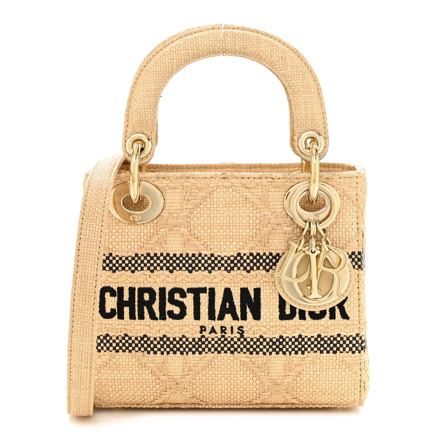 Christian Dior Raffia Woven Cannage Embroidered Mini Lady D-Lite Natural Black 1 of 10