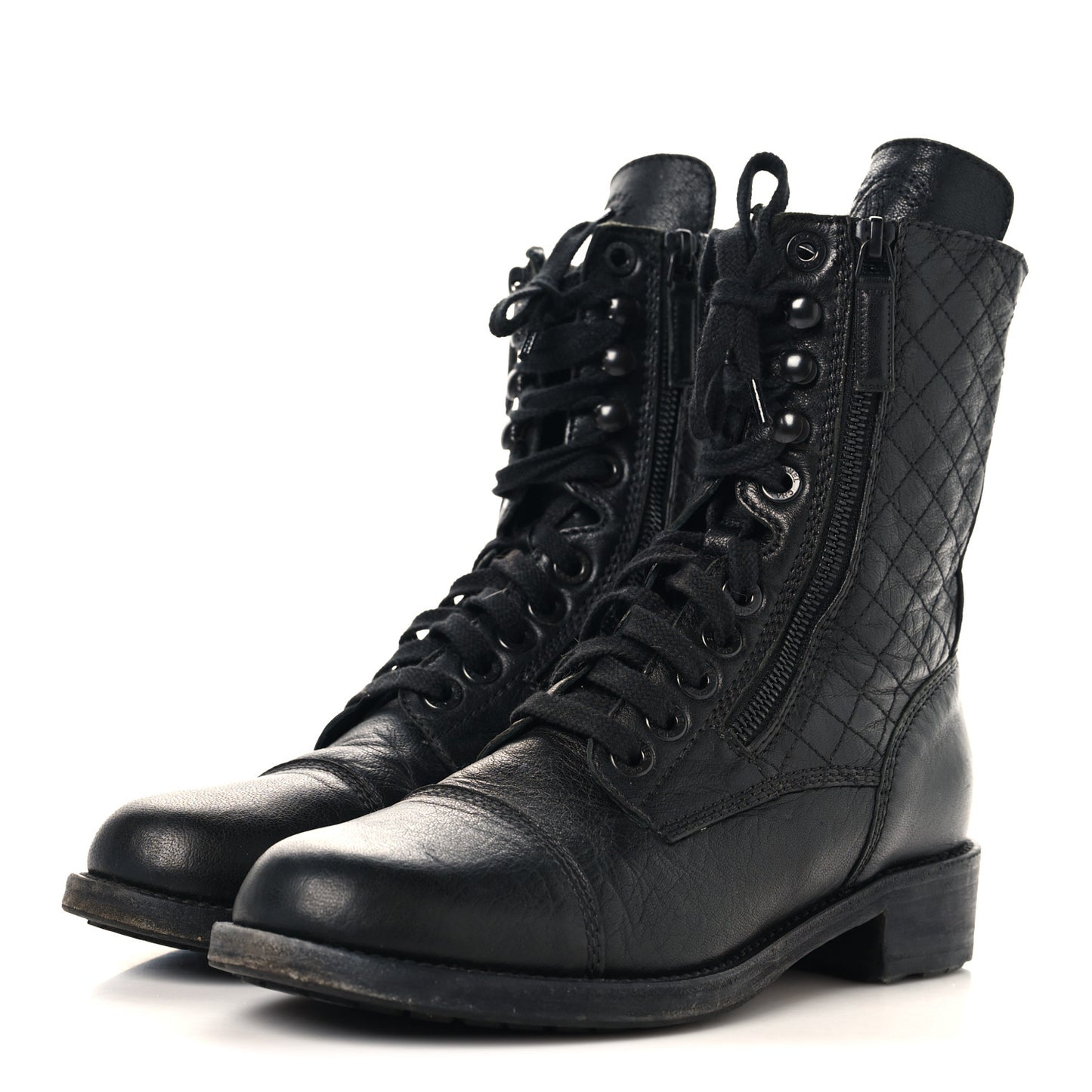 Sheepskin Quilted CC Tall Lace Up Combat Boots 38.5 Black