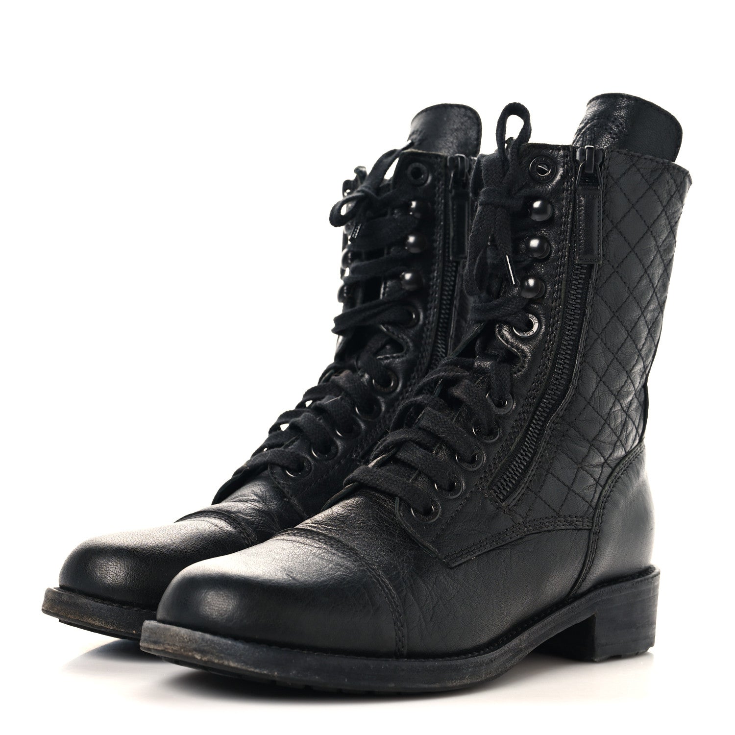 Chanel Sheepskin Quilted CC Tall Lace Up Combat Boots 38.5 Black 4 of 9