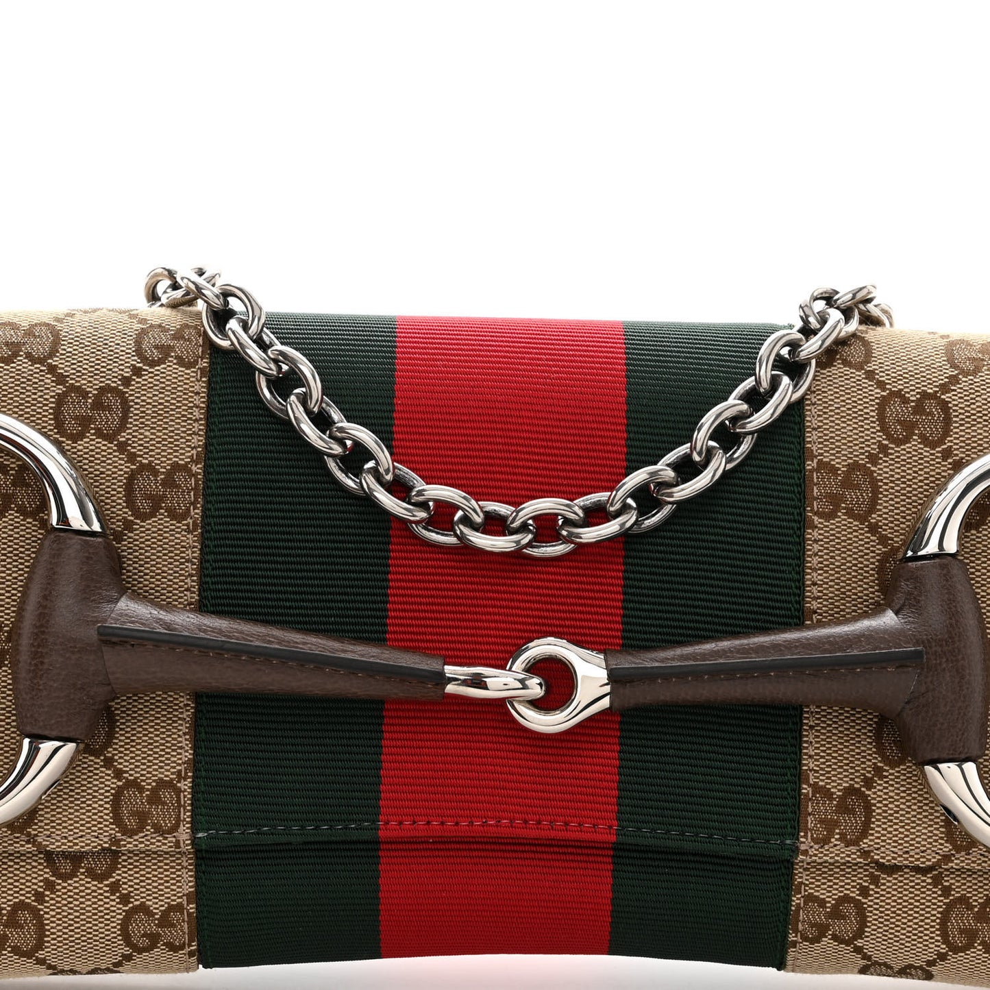 Monogram Textured Dollar Calfskin Heavy Grosgrain Web Medium Maxi Horsebit Chain Shoulder Bag Beige Ebony New Acero
