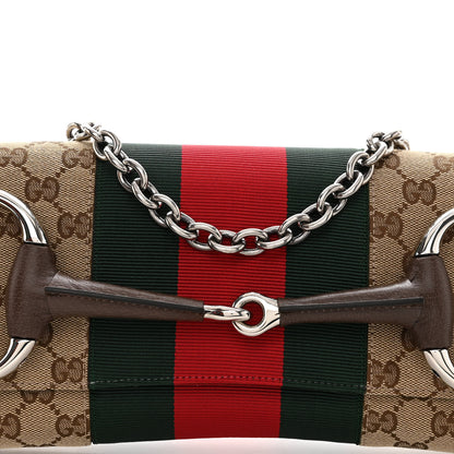 Gucci Monogram Textured Dollar Calfskin Heavy Grosgrain Web Medium Maxi Horsebit Chain Shoulder Bag Beige Ebony New Acero 7 of 9