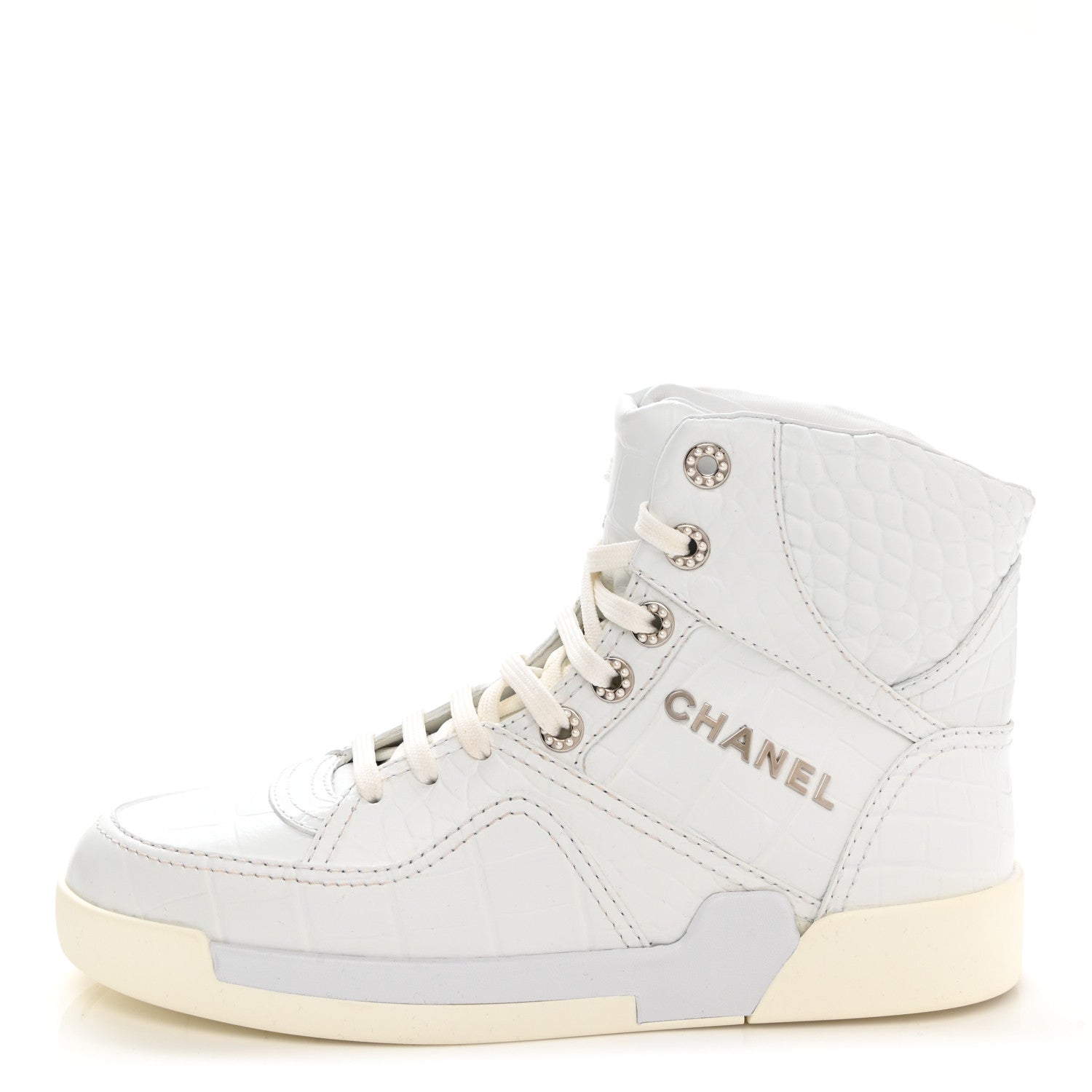 Chanel Calfskin Crocodile Embossed Cocodile High Top Sneakers 40 White 1 of 10