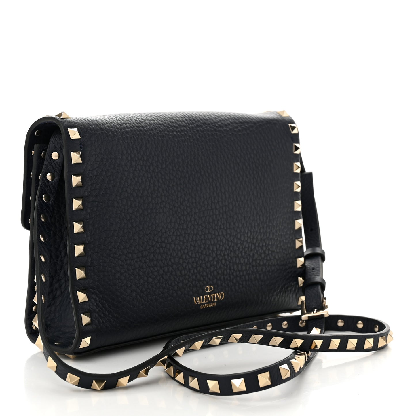 Pebbled Calfskin Medium Rockstud Flip Lock Crossbody Bag Navy