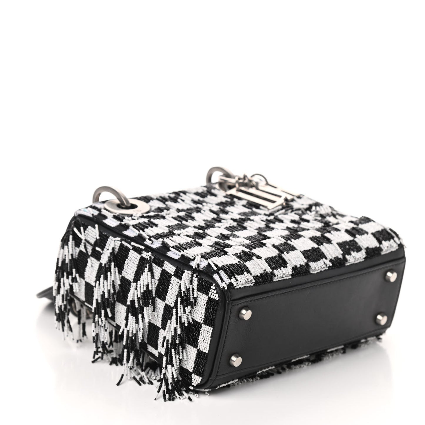 Calfskin Beaded Fringe Checkered Mini Lady Dior Black White