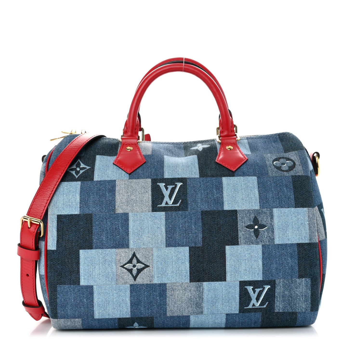 Denim Damier Monogram Patchwork Speedy Bandouliere 30 Blue Rouge