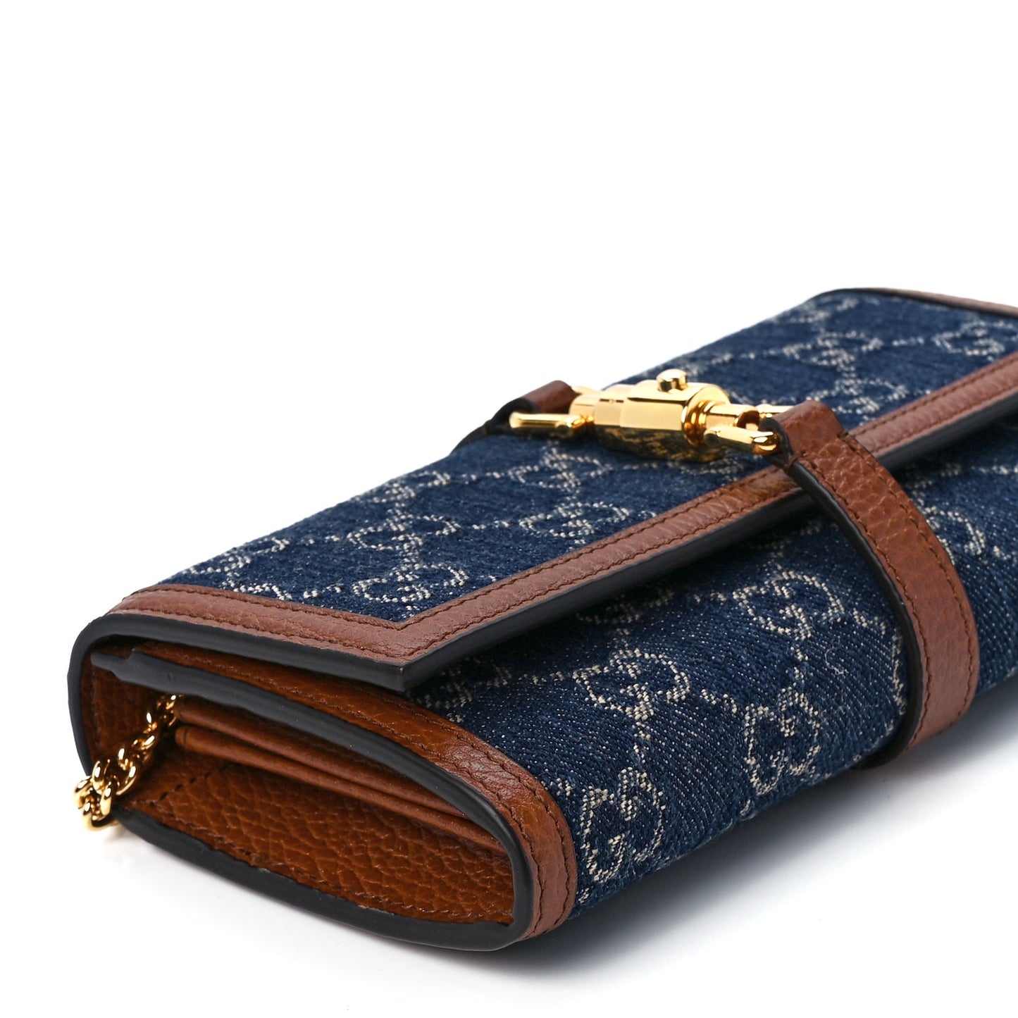 New Denim GG Monogram Jackie 1961 Chain Wallet Blue Tea Cuir