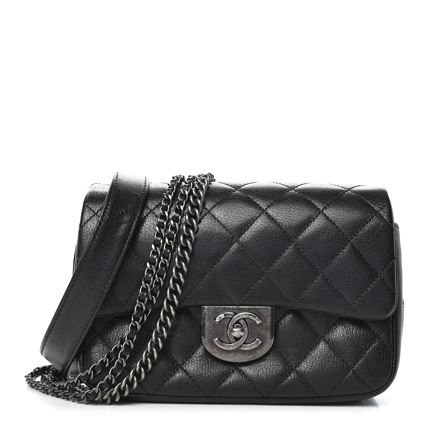 Shiny Goatskin Quilted Small Double Carry Waist Chain Flap Black