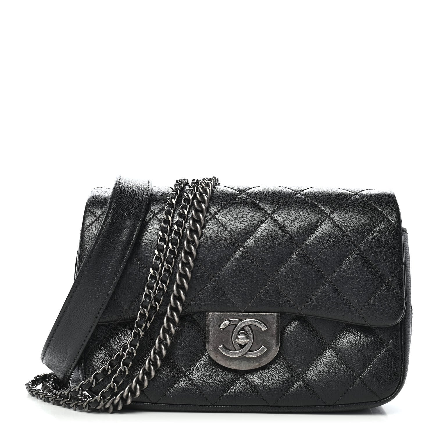 Chanel Shiny Goatskin Quilted Small Double Carry Waist Chain Flap Black 1 of 9