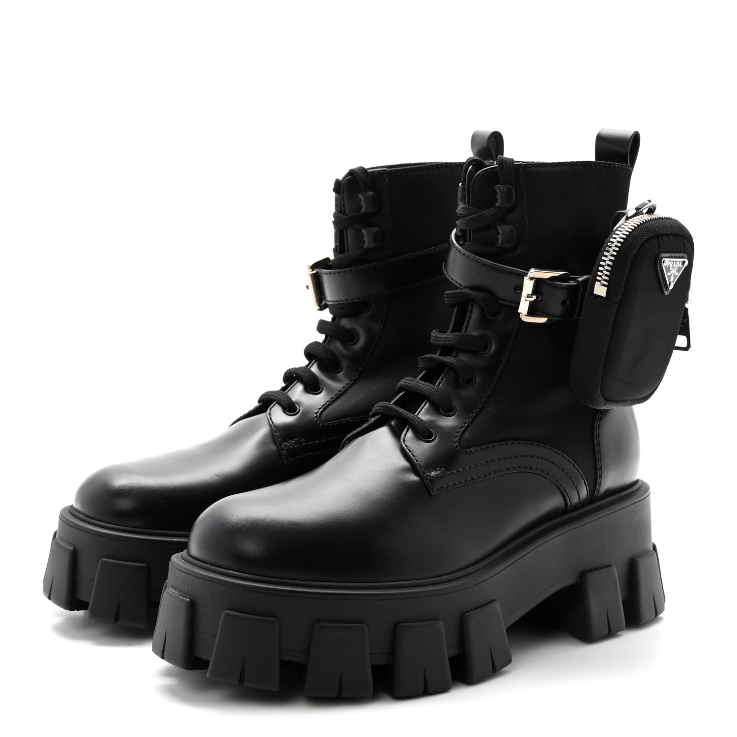 Prada Spazzolato Rois Nylon Metal Triangle Logo Monolith Pouch Pocket 55mm Boots 37 Black 4 of 10