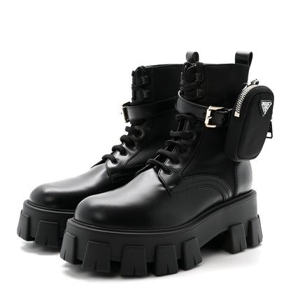 Prada Spazzolato Rois Nylon Metal Triangle Logo Monolith Pouch Pocket 55mm Boots 37 Black 4 of 10