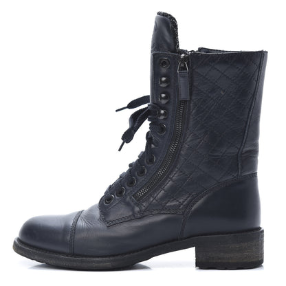 Chanel Sheepskin Quilted CC Tall Lace Up Combat Boots 39 Navy 1 of 10