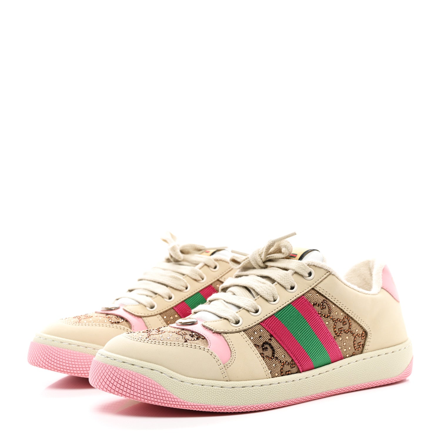 Gucci Calfskin GG Supreme Crystals Web Screener Sneakers 38.5 Beige Ebony Wild Rose 3 of 9