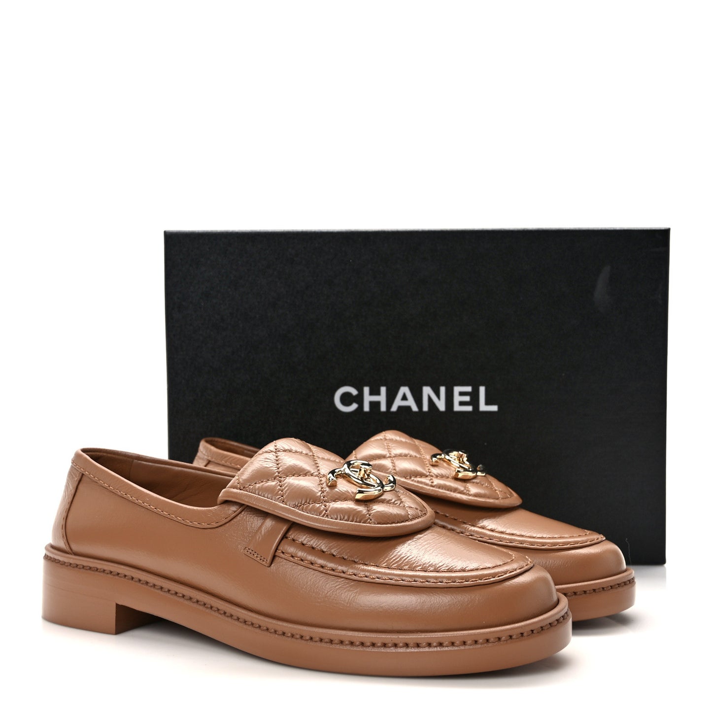 Shiny Crumpled Lambskin Quilted CC Turnlock Moccasins 38.5 Dark Beige