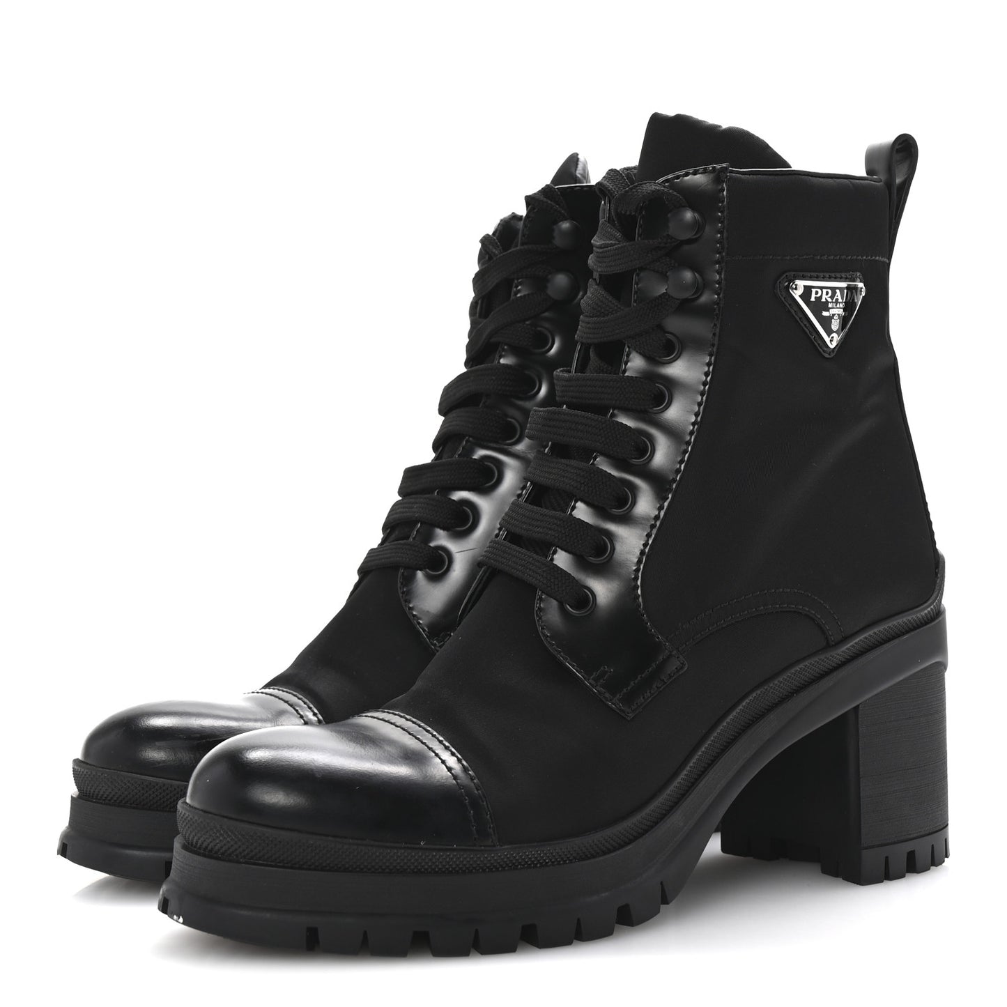 Spazzolato Re-Nylon Metal Triangle Logo Lace Up 55mm Ankle Boots 40 Black