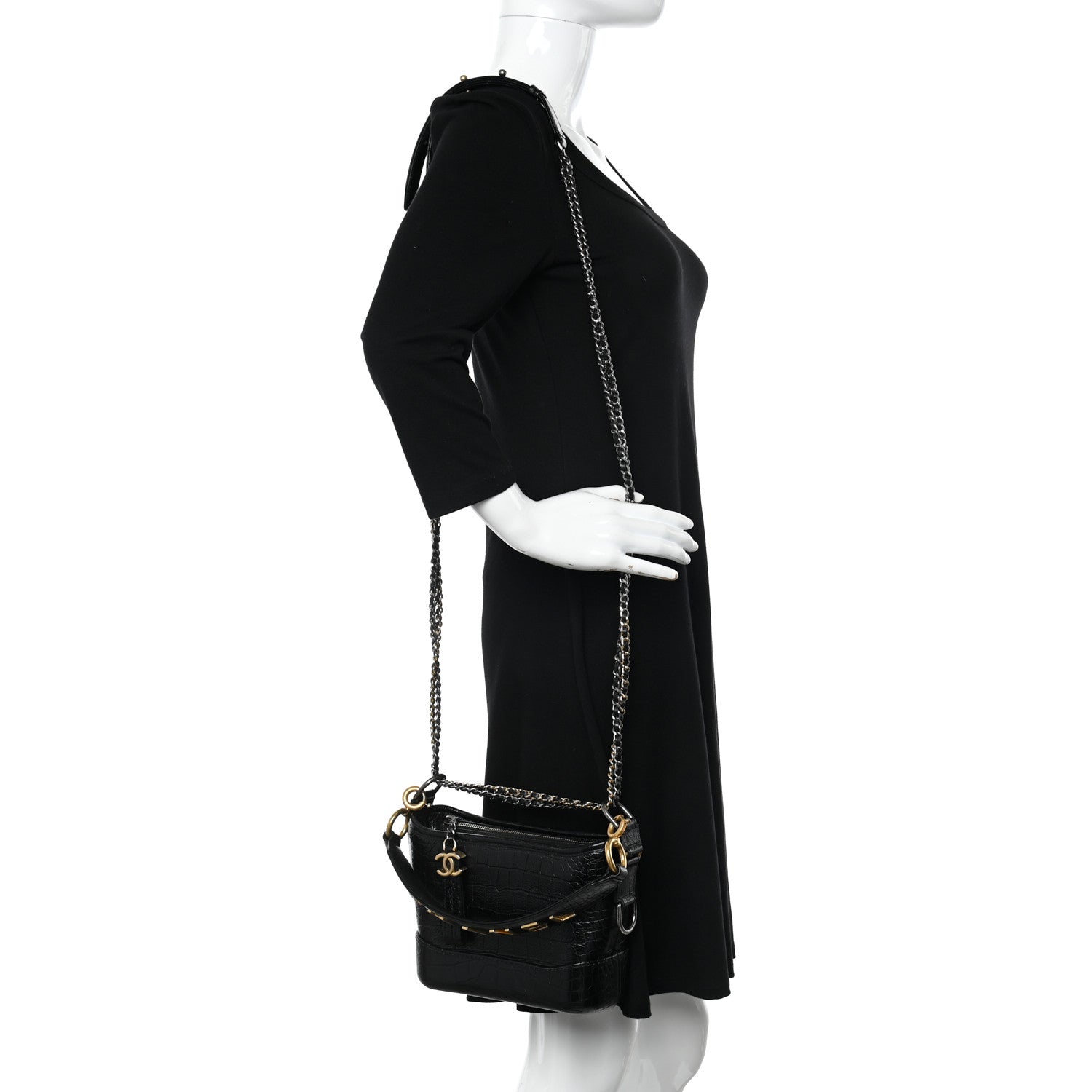Chanel Calfskin Crocodile Embossed Small Gabrielle Cocodile Hobo Black 2 of 10