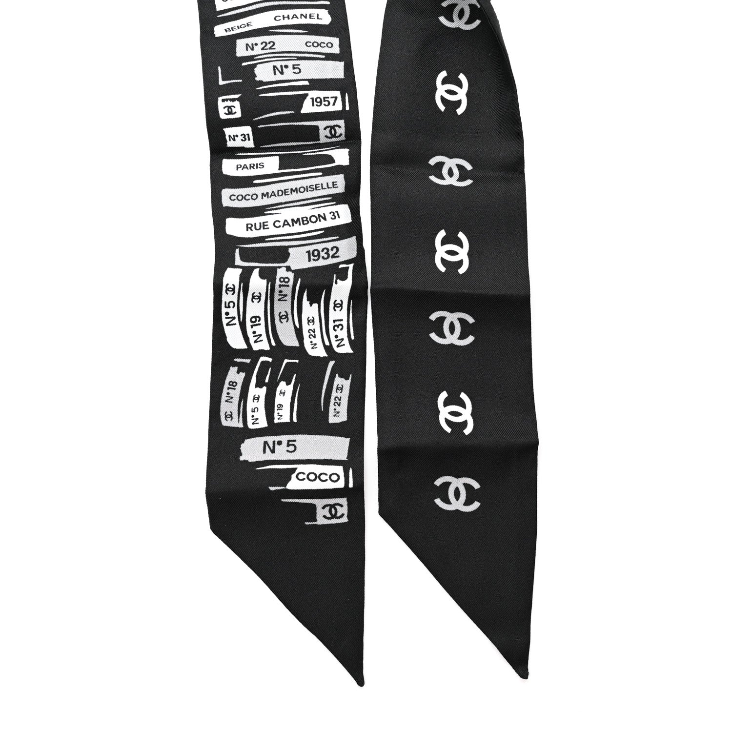Chanel Silk CC Logo Slim Bandeau Scarf Black Grey 2 of 4