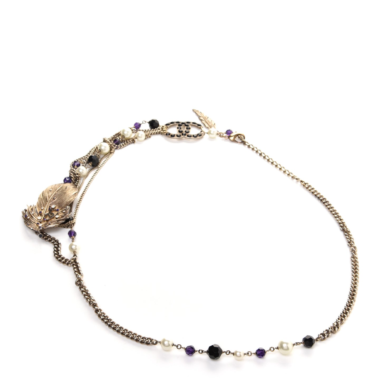 Pearl Crystal Beaded Chain CC Feather Belt Aged Gold Black