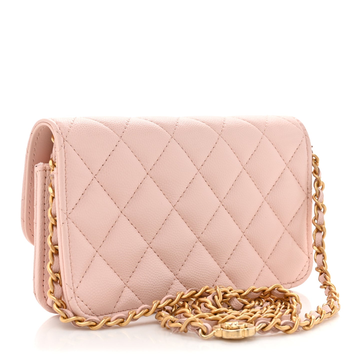 Caviar Quilted Camellia Phone Holder With Chain Light Pink