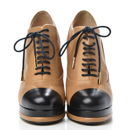 Chanel Lambskin Cap Toe Lace Up Booties 37 Beige Black 2 of 11