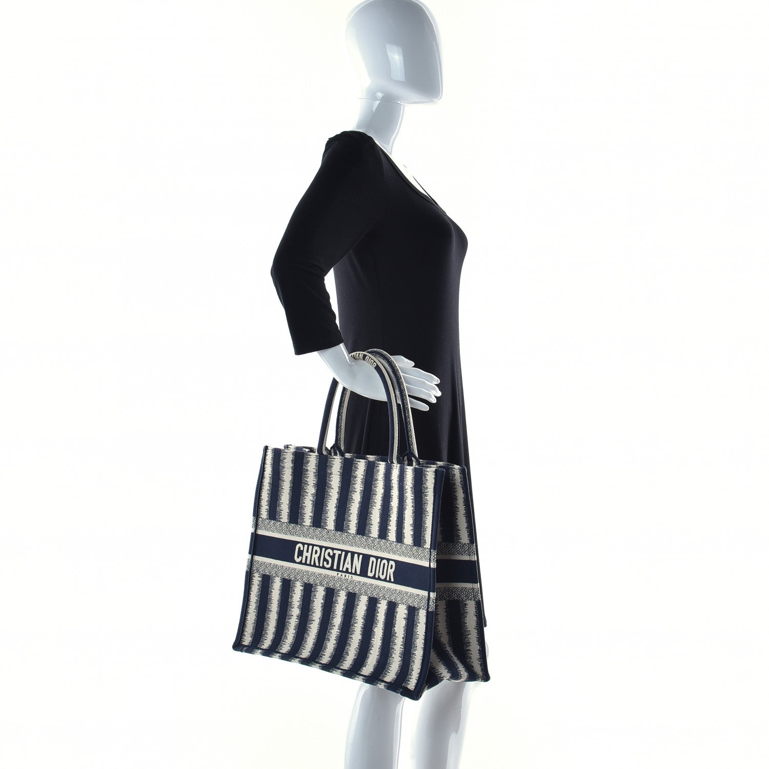 Christian Dior Canvas Embroidered Large Striped Book Tote Navy 2 of 10