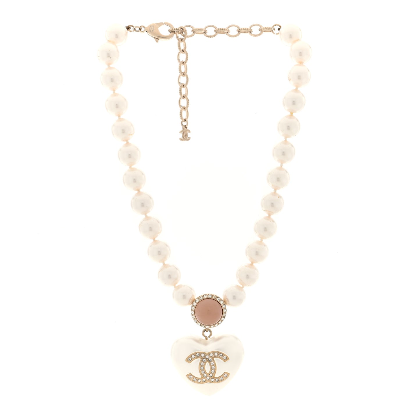 Pearl Crystal CC Heart Short Necklace Gold Pearly White Pink