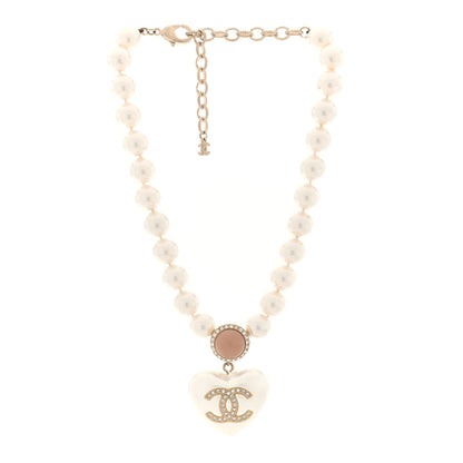 Chanel Pearl Crystal CC Heart Short Necklace Gold Pearly White Pink 3 of 5