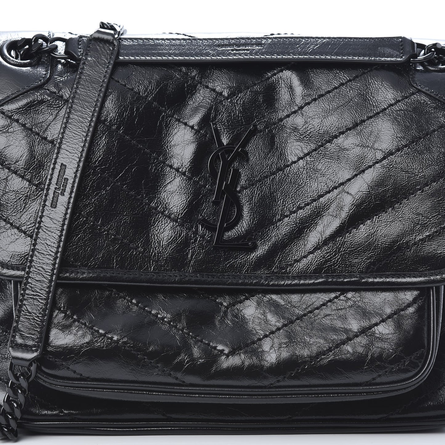Crinkled Calfskin Matelasse Monogram Medium Niki Chain Satchel Black