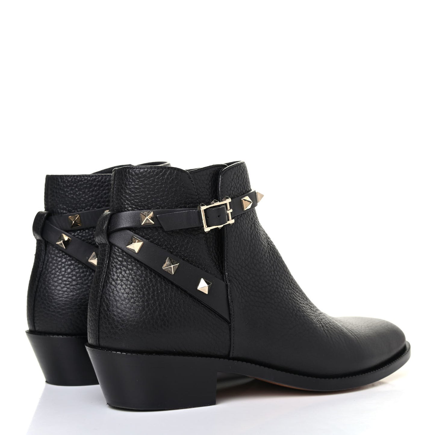 Grained Calfskin Rockstud Single Buckle 35mm Cowboy Ankle Boots 37 Black