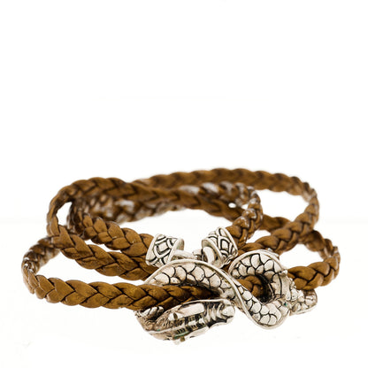 John Hardy Sterling Silver Leather Naga Dragon Triple Wrap Bracelet Gold 1 of 5