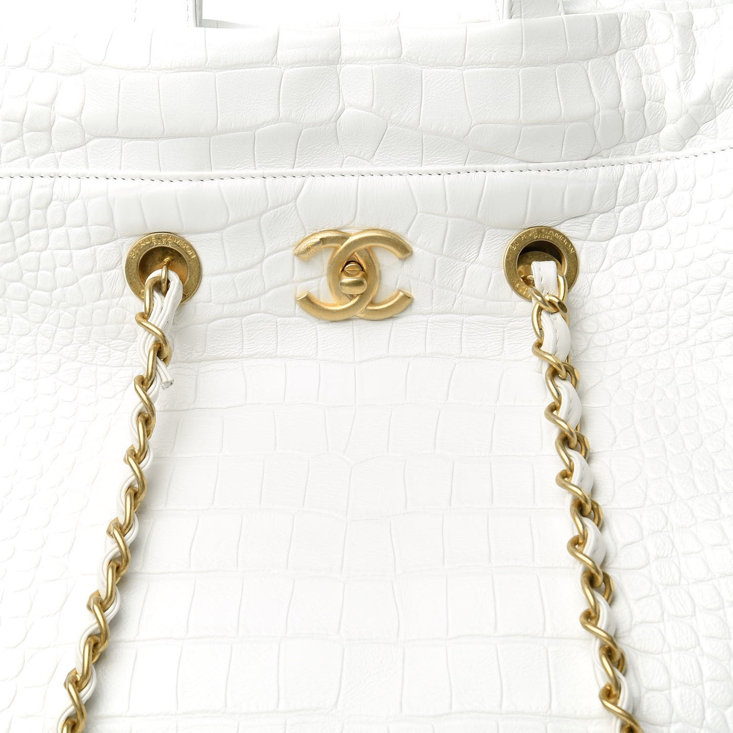 Calfskin Crocodile Embossed Large Cocodile Shopping Tote White
