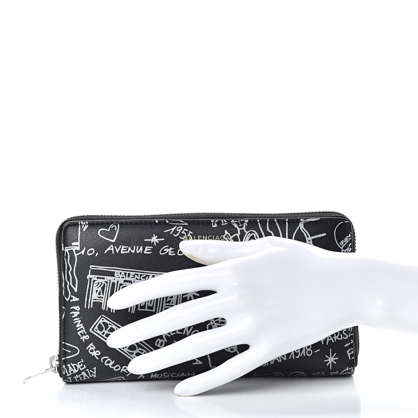 Calfskin Printed Tattoo Everyday Continental Zip Around Wallet Black Silver Hardware