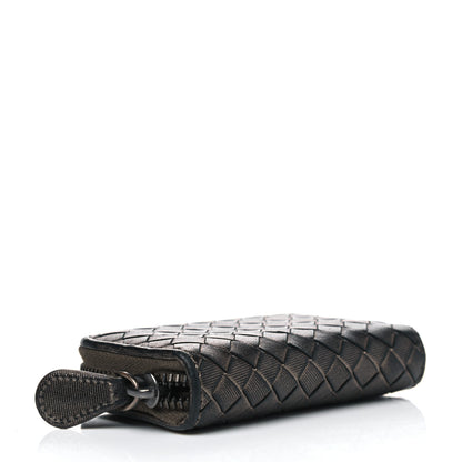 Bottega Veneta Metallic Grosgrain Intrecciato Zip Around Wallet Dark Silver 3 of 8