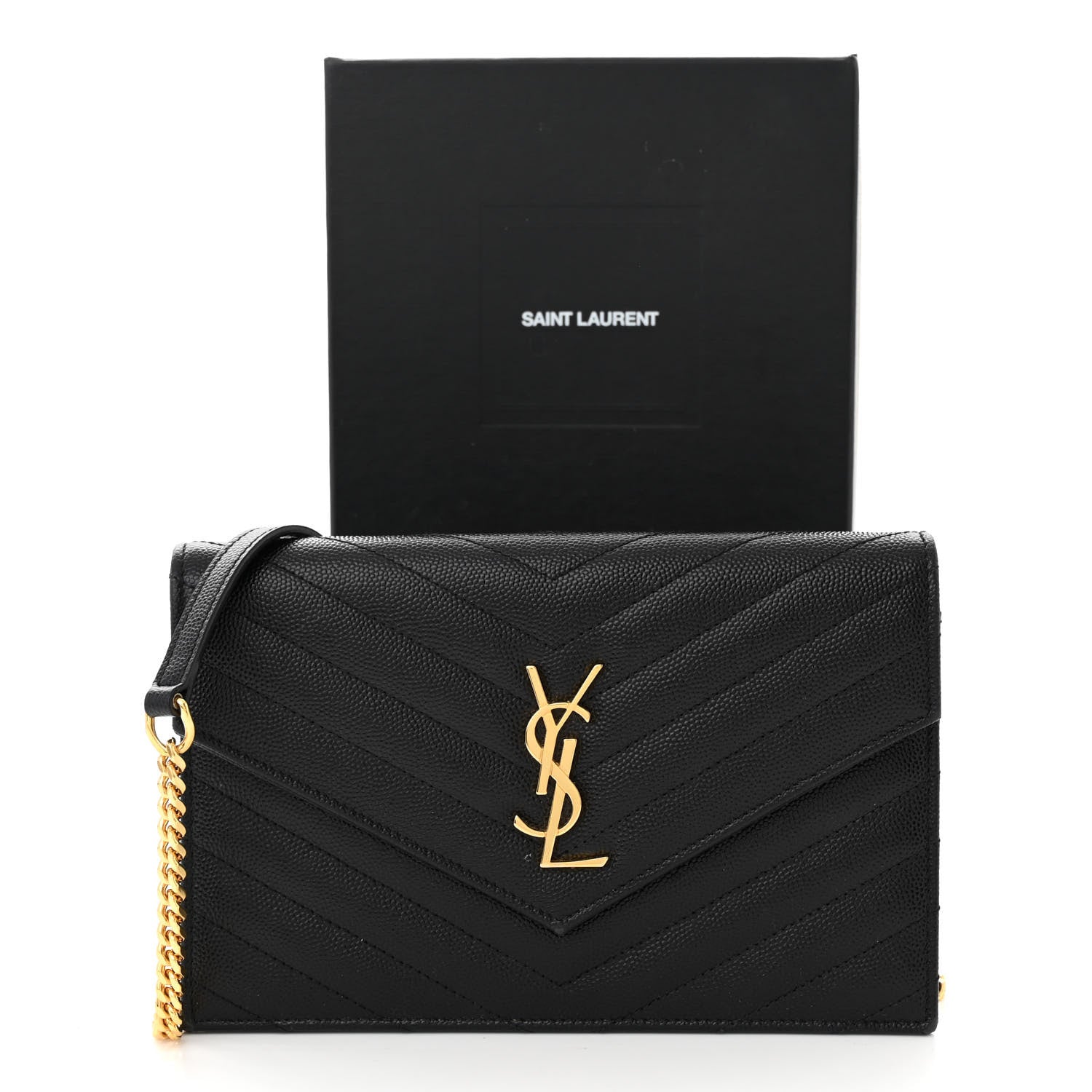 Saint Laurent Grain De Poudre Matelasse Chevron Monogram Envelope Chain Wallet Black 11 of 11