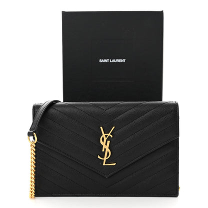 Saint Laurent Grain De Poudre Matelasse Chevron Monogram Envelope Chain Wallet Black 11 of 11