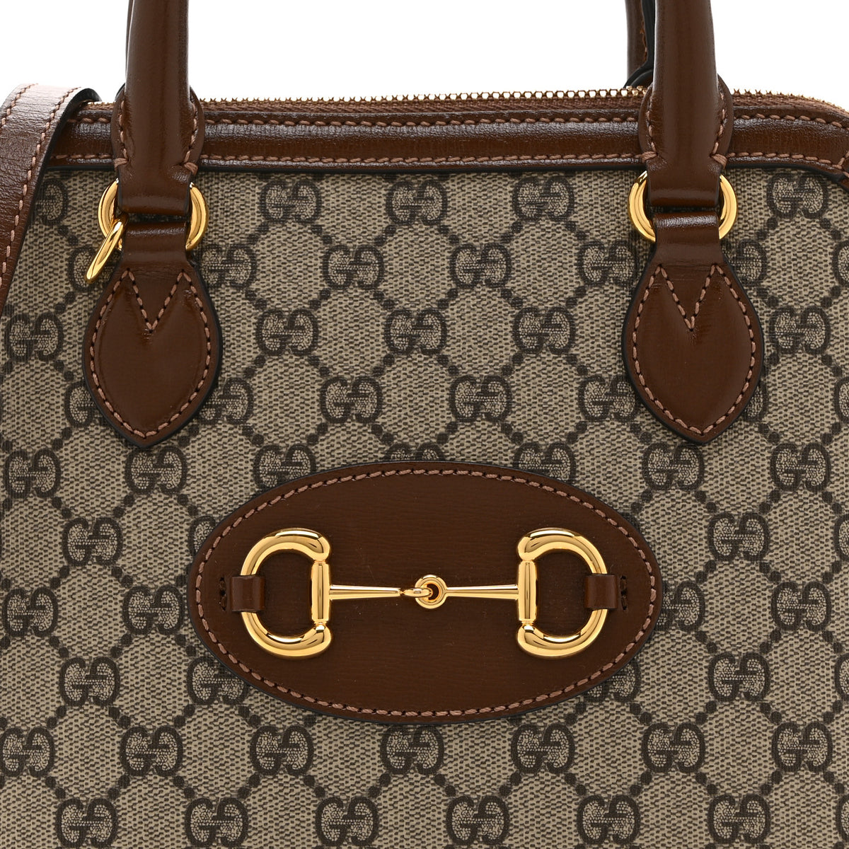 GG Supreme Monogram Azalea Calfskin Small Horsebit 1955 Top Handle Bag Beige Ebony Brown Sugar