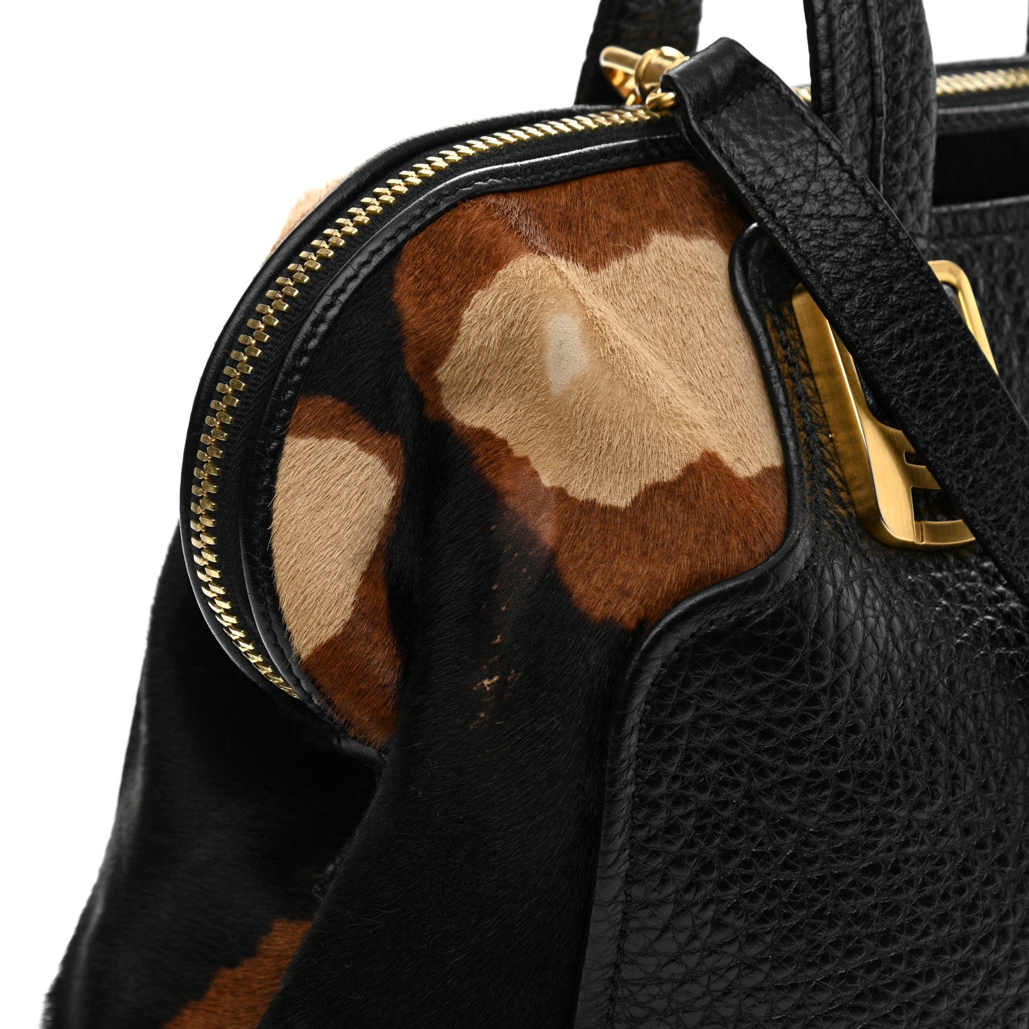 Fendi Pebbled Calfskin Calf Hair Small Chameleon Tote Black Tobacco 12 of 14
