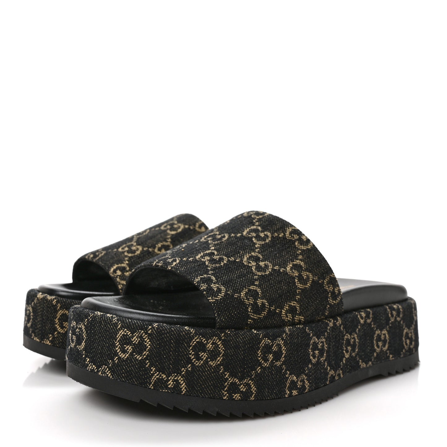 Jacquard Black Denim GG Monogram Angelina Platform 55mm Slide Sandals 38 Black Ivory